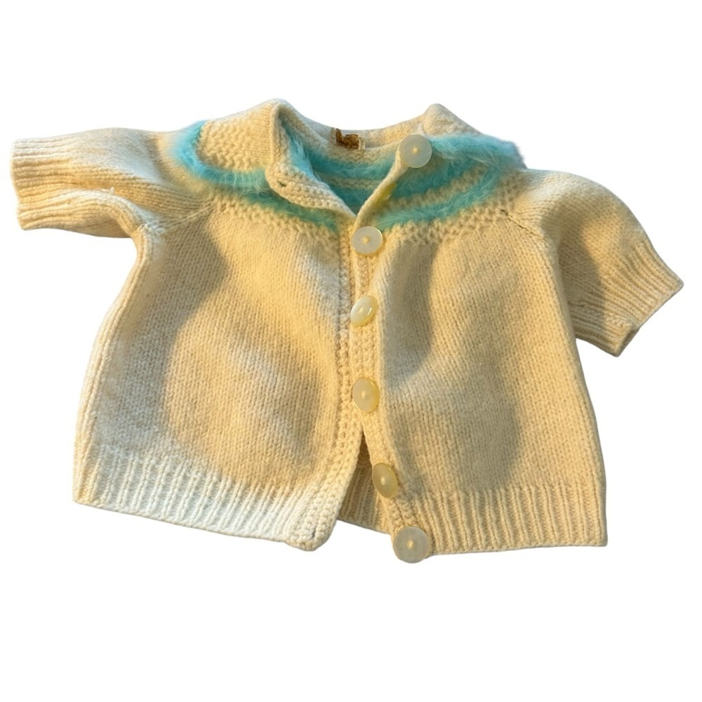 Vintage Handmade Cream and Blue Knit Cardigan 3/4 sleeve
